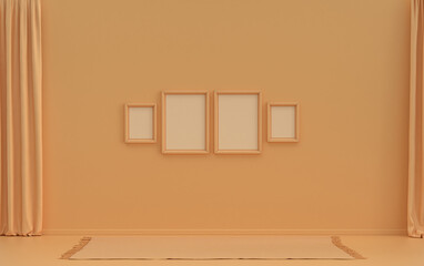 Interior room in plain monochrome orange pinkish color, 4 frames on the wall without furniture and empty, for poster presentation, Gallery wall. 3D rendering