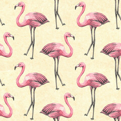Seamless tropical pattern with pink flamingo on yellow. Watercolor background. Design for wallpaper, textile design, packing, textile, fabric. 