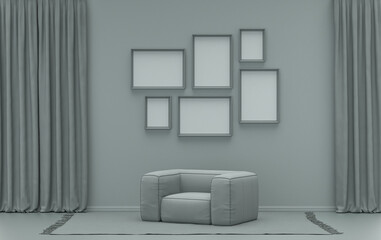Wall mockup with six frames in solid flat  pastel ash gray color, monochrome interior modern living room with single chair, without plant, 3d rendering