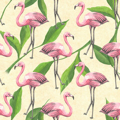 Obraz premium Seamless tropical pattern with pink flamingo, leaves. Watercolor background. Design for wallpaper, textile design, packing, textile, fabric. 