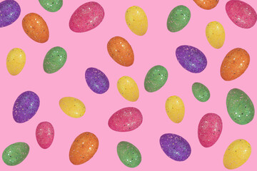 Creative Easter lidea with flying colorful eggs on light pink background.
