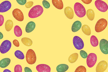 Trendy Easter layout made of flying colorful eggs on illuminating yellow background.