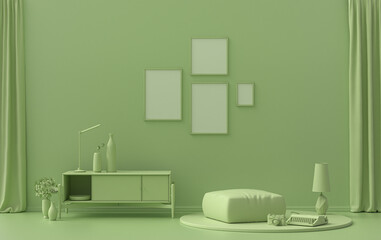 Interior room in plain monochrome light green color, 4 frames on the wall with furnitures and plants, for poster presentation, Gallery wall. 3D rendering