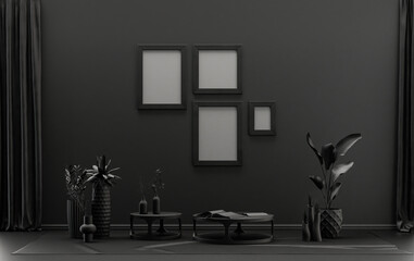 Interior room in plain monochrome black and dark gray color, 4 frames on the wall with furnitures and plants, for poster presentation, Gallery wall. 3D rendering