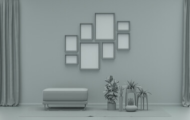 Minimalist living room interior in flat single pastel ash gray color with 8 frames on the wall and furnitures and plants, in the room, 3d Rendering