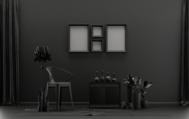 Single color monochrome black and dark gray color interior room with furnitures and plants,  4 poster frames on the wall, 3D rendering