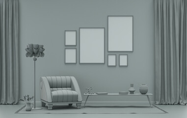 Wall mockup with six frames in solid flat  pastel ash gray color, monochrome interior modern living room with furnitures and plants, 3d rendering