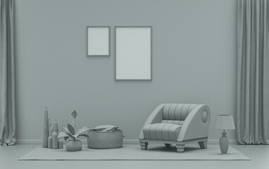 Double Frames Gallery Wall in ash gray color monochrome flat room with furnitures and plants, 3d Rendering