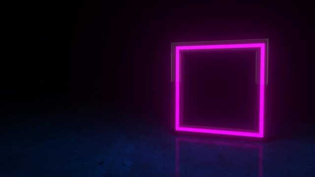Futuristic neon glowing purple square symbol on black dark background with blurred reflection. Form glass rim. Neon frame sign in the shape of a square. Flickers. Flickers. 3d loop animation of 4K