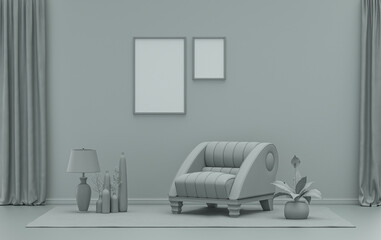 Double Frames Gallery Wall in ash gray color monochrome flat room with furnitures and plants, 3d Rendering