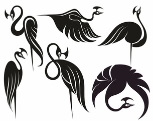 Collection of Bird Silhouettes. Silhouette icons of crane swan .Shadoof. Birds Set. Silhouette vector elements for your design