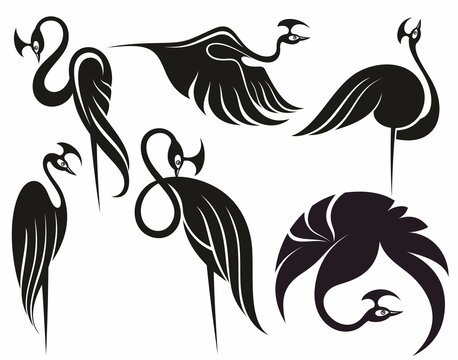 Collection of Bird Silhouettes. Silhouette icons of crane swan .Shadoof. Birds Set. Silhouette vector elements for your design