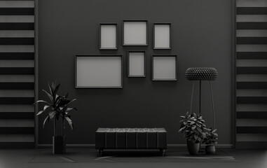 Poster frame background room in flat black and dark gray color with 6 frames on the wall, solid monochrome background for gallery wall mockup, 3d rendering