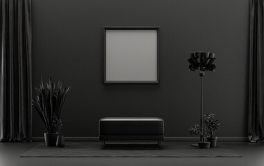 Single Frame Gallery Wall in black and dark gray color monochrome flat room with furnitures and plants, 3d Rendering