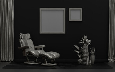 Double Frames Gallery Wall in black and metallic silver color monochrome flat room with single chair and plants, 3d Rendering