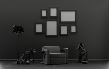 Minimalist living room interior in flat single pastel black and dark gray color with seven frames on the wall and furnitures and plants, in the room, 3d Rendering