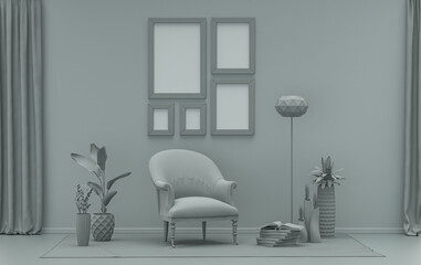 Single color monochrome ash gray color interior room with furnitures and plants,  5 poster frames on the wall, 3D rendering