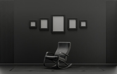 Flat color interior room for poster showcase with 5 frames  on the wall, monochrome black and dark gray color gallery wall with single chair, without plant. 3D rendering