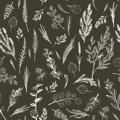 Wild herbs and flowers painted are in engraving style.