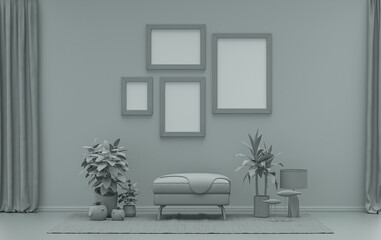 Fototapeta na wymiar Interior room in plain monochrome ash gray color, 4 frames on the wall with furnitures and plants, for poster presentation, Gallery wall. 3D rendering