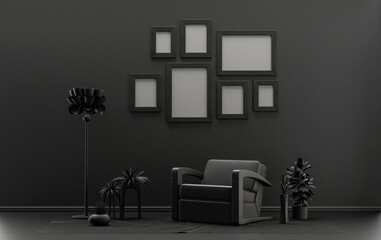 Minimalist living room interior in flat single pastel black and dark gray color with seven frames on the wall and furnitures and plants, in the room, 3d Rendering