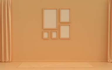Flat color interior room for poster showcase with 5 frames  on the wall, monochrome orange pinkish color gallery wall without furniture and empty room. 3D rendering
