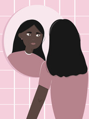 A young African American woman looks at her reflection in the bathroom mirror. Flat vector illustration in pink colors. Evening skin care. Morning beauty treatments