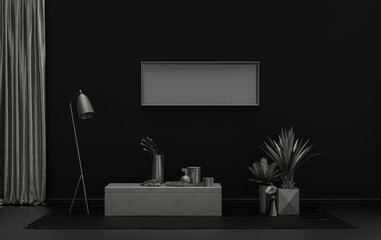 Single Frame Gallery Wall in black and metallic silver color monochrome flat room with furnitures and plants, 3d Rendering