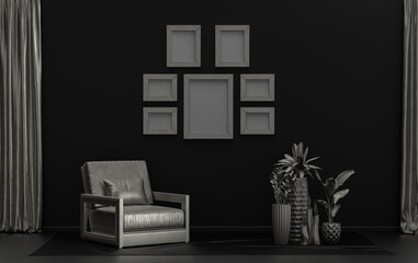 Mock-up poster gallery wall with six frames in solid pastel black background and metallic silver  room with single chair and plants, 3d Rendering