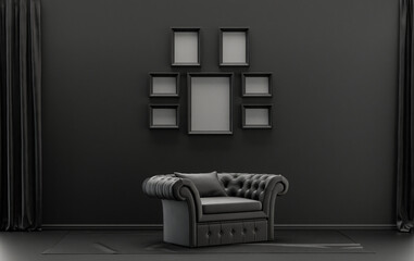 Mock-up poster gallery wall with six frames in solid pastel black and dark gray room with single chair, without plant, 3d Rendering