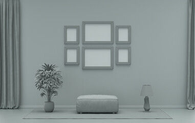 Poster frame background room in flat ash gray color with 6 frames on the wall, solid monochrome background for gallery wall mockup, 3d rendering