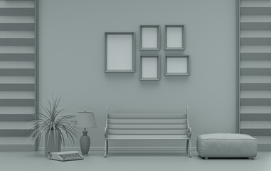 Flat color interior room for poster showcase with 5 frames  on the wall, monochrome ash gray color gallery wall with single park bench, furnitures and plants. 3D rendering