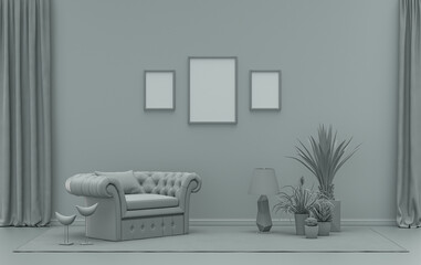 Gallery wall with three frames, in monochrome flat single ash gray color room with furnitures and plants,  3d Rendering