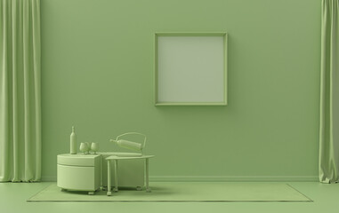 Obraz na płótnie Canvas Single Frame Gallery Wall in light green color monochrome flat room with vine bar and plants, 3d Rendering