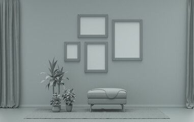 Interior room in plain monochrome ash gray color, 4 frames on the wall with single chair and plants, for poster presentation, Gallery wall. 3D rendering