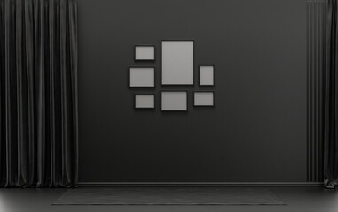 Mock-up poster gallery wall with 7 frames in solid pastel black and dark gray room without furniture and empty, 3d Rendering