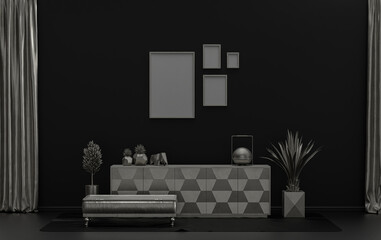 Interior room in plain monochrome black background and metallic silver color, 4 frames on the wall with furnitures and plants, for poster presentation, Gallery wall. 3D rendering