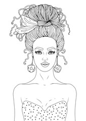 Vector drawn coloring page, portrait of young  woman . Girl with hairstyle loose bun wrapped in a scarf. Fashionable model with clean healthy skin in positive emotions. Decorated graphic illustration
