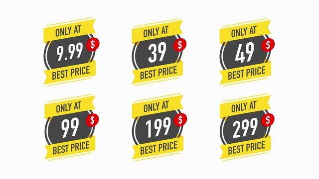 Sale only at 9.99 99 49 99 199 and 299 Dollars and Cent best price. Stickers Design in Flat Style on white background. Motion graphic.