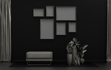 Poster frame background room in flat black and metallic silver color with 6 frames on the wall, solid monochrome background for gallery wall mockup, 3d rendering
