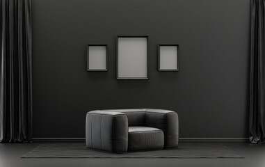 Gallery wall with three frames, in monochrome flat single black and dark gray color room with single chair, without plant,  3d Rendering