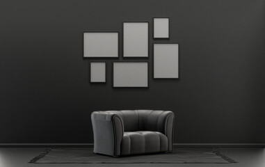 Wall mockup with six frames in solid flat  pastel black and dark gray color, monochrome interior modern living room with single chair, without plant, 3d rendering