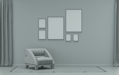 Wall mockup with six frames in solid flat  pastel ash gray color, monochrome interior modern living room with single chair, without plant, 3d rendering