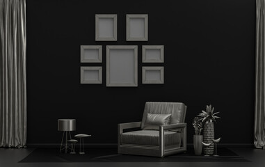 Mock-up poster gallery wall with six frames in solid pastel black background and metallic silver  room with furnitures and plants, 3d Rendering