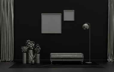 Gallery wall with 2 frames, in monochrome flat single black and metallic silver color room with furnitures and plants,  3d Rendering