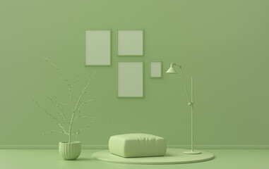 Interior room in plain monochrome light green color, 4 frames on the wall with furnitures and plants, for poster presentation, Gallery wall. 3D rendering