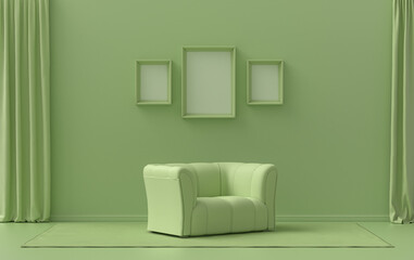 Gallery wall with three frames, in monochrome flat single light green color room with single chair, without plant, 3d Rendering