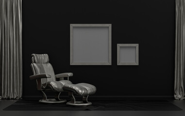 Double Frames Gallery Wall in black and metallic silver color monochrome flat room with single chair, without plant, 3d Rendering