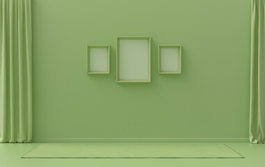 Gallery wall with three frames, in monochrome flat single light green color room without furniture and empty,  3d Rendering