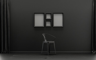 Single color monochrome black and dark gray color interior room with single chair, without plant,  4 poster frames on the wall, 3D rendering